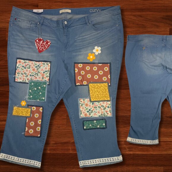 Slink Patched Boho Cropped Jeans Flower Pink Yellow Green Bee Charm Waist 56 - Picture 1 of 13